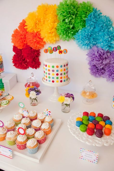 Rainbow Lollipop, Rainbow Pom Pom, Rainbow Themed Birthday Party, Rainbow Desserts, Rainbow Backdrop, Lollipop Party, Paper Rainbow, Rainbow Lollipops, Rainbow Party Decorations