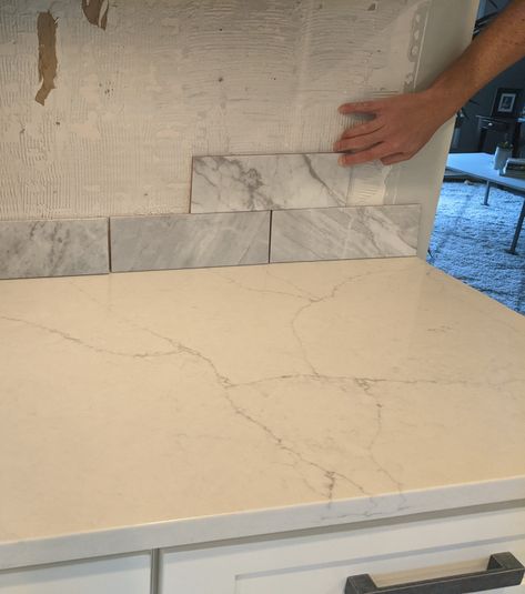 Backsplash help Calacatta Monaco Quartz, White Quartz With Grey Veining, Calcutta Marble Backsplash, Calcutta Marble, Kitchen Favorites, Mosaic Backsplash, Quartz Kitchen, Marble Backsplash, White Quartz Countertop