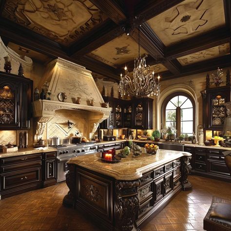 Kitchen In Mansion, Tuscan Luxury Homes, Large Victorian Kitchen, Old Mansions Interior Kitchen, Vintage House Kitchen, Dark Academia Interior Design Kitchen, Victorian Mansion Kitchen, Old Mansion Kitchen, House Inspo Kitchen