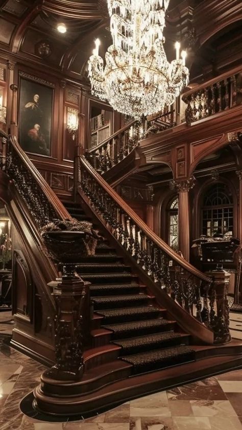 Castle Grand Staircase, Victorian Homes Staircase, Country Manor Interior, Grand Victorian Entrance Hall, Victorian Entryway Ideas, Old Mansions Interior Victorian, Regency Staircase, Big Victorian Mansion, Baroque Staircase