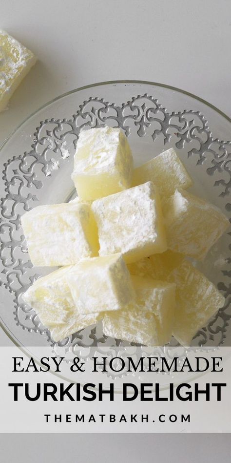 This recipe for Turkish delight, or Raha, is chewy, sweet, and aromatic cubes of goodness that pair perfectly with tea or Turkish coffee. #turkishdelight #dessertrecipes #easydesserts #dessertideas #uniquedesserts #syriandesserts #syrianfood #syrianrecipes #turkishdessert #homemadedesserts #yummydesserts Homemade Turkish Delight, Turkish Delight Recipe, Arabic Sweets Recipes, Syrian Food, Turkish Desserts, Tea Biscuits, Arabic Sweets, Rosh Hashana, Delectable Desserts