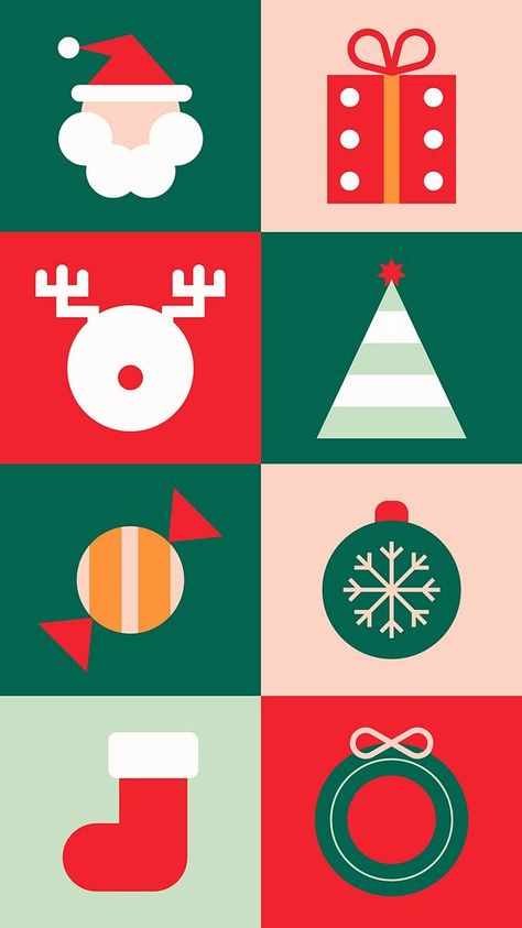 Flat vector style Christmas icons in red, green, and white. Flat vector design includes Santa, gifts, and festive symbols. Cute holiday and Christmas icons, including festive vector elements. | free image by rawpixel.com / Sasi Christmas Vector Design, Xmas Design Graphic, Christmas Graphic Design Illustration, Bauhaus Christmas, Scandinavian Graphic Design, Christmas Present Vector, Tree Graphic Design, Xmas Illustration, Christmas Vector Illustration