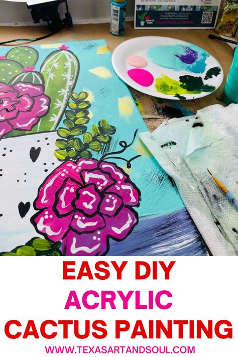 Acrylic Painting Classes Step By Step, How To Paint Succulents Step By Step, Summer Painting Acrylic, Painting Cactus Acrylic, Diy Cactus Painting, How To Paint Cactus, Cacti Painting Easy, Step By Step Canvas Painting Easy, Acrylic Cactus Painting