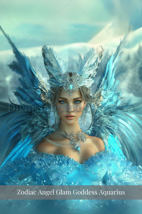 Divine Feminine Art, Angel Queen, Goddess Glam Aquarius. Celestial female figure in royal gown attire, with lavish angel wings. Hues of blue and sparkle. Lavish wings extend from her back, against a faded backdrop, she is the essence of the ocean. Aquarius Goddess, Astrology Goddess, Aquarius Images, Angel Goddess, Zodiac Aquarius, The Aquarius, Feminine Decor, Iphone Backgrounds, Stock Art