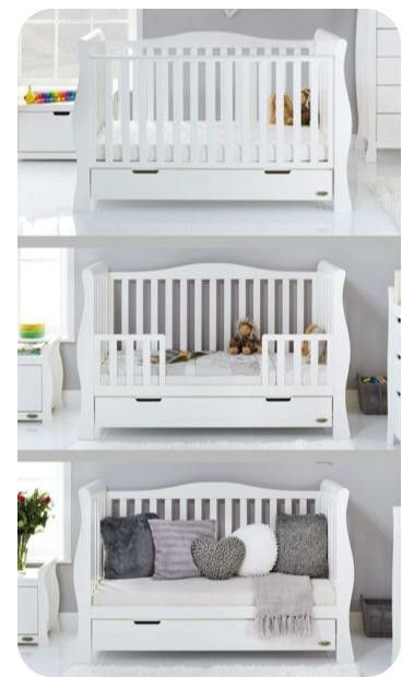 Cot Ideas, White Baby Nursery, Sleigh Cot Bed, Sleigh Cot, Toddler And Baby Room, Newborn Baby Bedding, Baby Crib Diy, Crib Design, Baby Cot Bedding