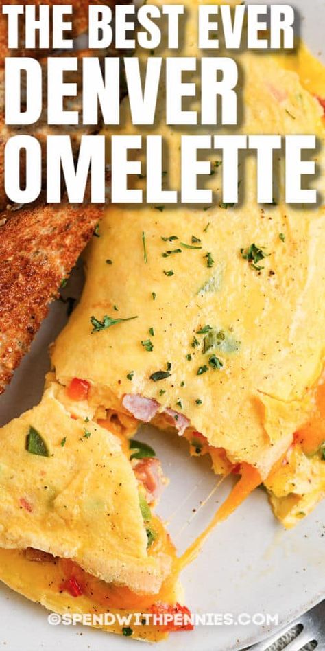 A Denver omelette recipe can be made with an assortment of ingredients. We love to make ours loaded with eggs, bell peppers, ham, and of course cheese! This is the classic recipe that everyone loves! #spendwithpennies #denveromelet #denveromelette #breakfast #omeletrecipe #eggrecipe Denver Omelette Keto Bites, Omlet Ingredients List, Ham Egg And Cheese Omelette, Dinner Omlet Recipes, Omelet Filling Ideas, Omelet Recipes Easy, Turkey Omelette Recipes, 3 Egg Omelette, Farmers Omelette Recipe