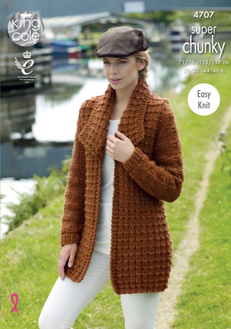 Easy to Follow Jacket & Sweater Knitted with Big Value Super Chunky Knitting Patterns - King Cole Romantic Crochet, Chunky Jacket, Free Knitting Patterns For Women, Cardigan Sweater Pattern, Ladies Cardigan Knitting Patterns, Womens Knitting Patterns, Textured Coat, Sweater Patterns, Jumper Knitting Pattern