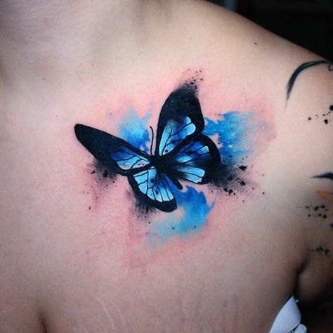 Black And Blue Butterfly Tattoo, Butterfly Watercolor Tattoo, Blue Tattoos For Women, Morpho Butterfly Tattoo, Personal Tattoos, Tiny Butterfly Tattoo, Watercolor Butterfly Tattoo, Watercolor Bird Tattoo, Blue Butterfly Tattoo