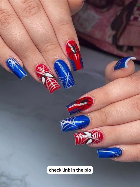 Spider-Man nails Spiderman Nail Art Designs, Superhero Nail Designs, Spiderman Nails Designs Easy, Simple Spider Man Nails, Easy Spider Man Nails, Blue Spiderman Nails, Simple Spiderman Nails, Spider Man Nails Short, Red And Blue Nails Design