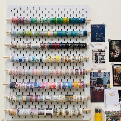 Washi Tape organize on Pegboard Washi Tape Display, Washi Tape Storage Ideas, Washi Tape Organization, Tape Organization, Washi Tape Organizer, Washi Tape Holder, Scrapbooking Storage, Room Organizers, Washi Tape Wall