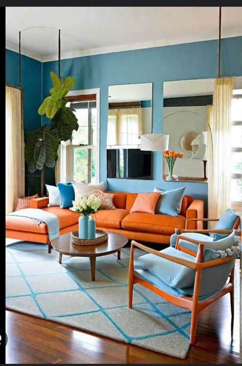 Blue Orange Room, Orange And Blue Living Room, Palette Couch, Blue And Orange Living Room, Livng Room, Orange Room, Funky Living Rooms, Orange Rooms, Bright Color Schemes