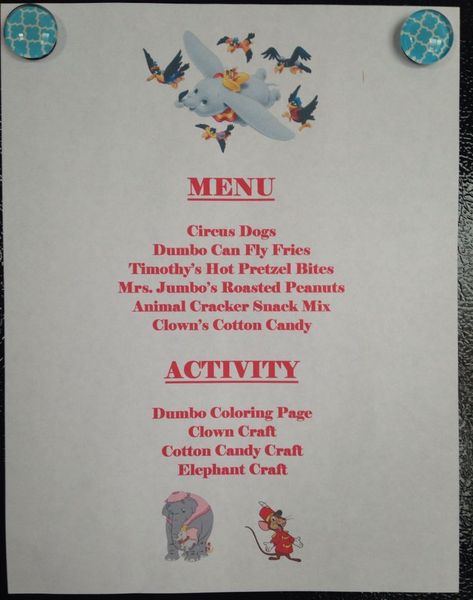 Dumbo Dinner Menu - Dumbo Movie Night - Disney Movie Night - Family Movie Night Dumbo Movie Night Food, Disney Movie Nights, Disney Movie Themed Dinner, Movie Meals, Birthday Dinner Recipes, Disney Movie Night Menu, Theme Dinners, Themed Meals, Disney Themed Movie Night