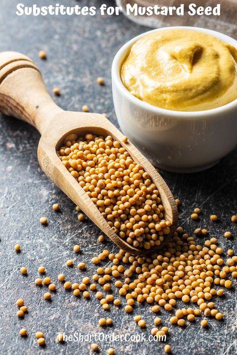 Table with mustard seeds spilling out of a scoop and a bowl of prepared mustard. Homemade Bread Dough, Whole Grain Mustard, Homemade Mustard, Creole Mustard, Seeds Benefits, Yellow Mustard Seeds, Spicy Brown Mustard, Creamy Potato Salad, Ground Mustard