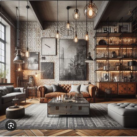 Industrial Color Palette, Industrial Living Room Ideas, Industrial Lounge, Raw Aesthetic, Bourbon Room, Industrial Glam, Interior Brick, Industrial Living Room, Two Story House Design