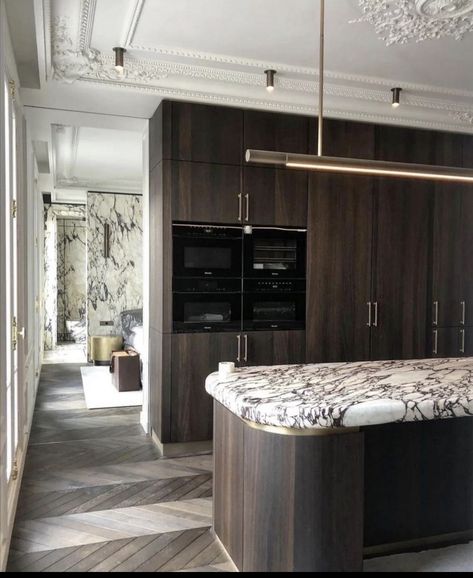 Ashley Stark, Dark Wood Kitchens, Green Apartment, Neoclassical Interior, Stunning Kitchens, Kitchen Marble, Luxury Kitchens, French Decor, Wood Kitchen