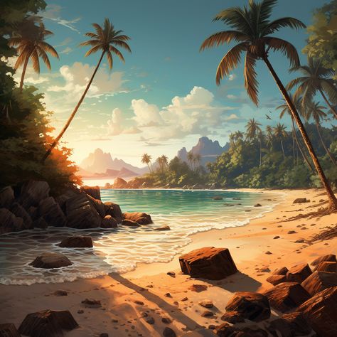 Paradise Island Fantasy Art, Tropical Island Fantasy Art, Beach Digital Painting, Fantasy Beach Aesthetic, Tropical Landscape Art, Tropical Fantasy Art, Island Art Tropical, Fantasy Island Art, Islands Fantasy Art