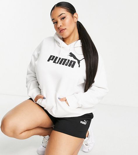 Plus-size hoodie by PUMA Dressed to chill Drawstring hood Logo to chest Pouch pocket Ribbed trims Relaxed fit Essentials Logo, White Hoodie, Pocket Pouch, Adidas Jacket, Plus Size Fashion, Asos, Graphic Sweatshirt, Latest Trends, Athletic Jacket