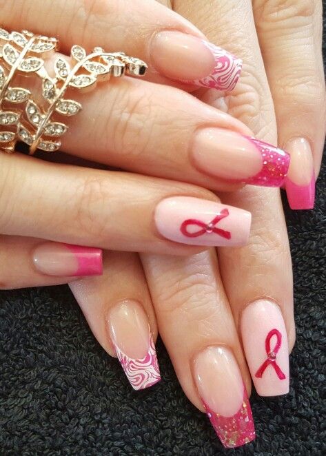 Pink Nails October, October Breast Awareness Month Nails, Pink Breast Awareness Nails, Pink Breast Awareness Nails Design, Pink October Nails, Pink Ribbon Nails, Ribbon Nails, Nails October, Botanic Nails