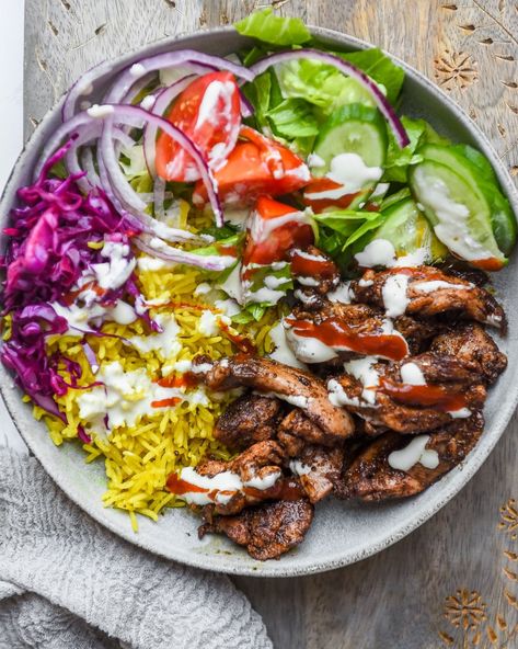 Halal Cart-Style Shawarma Bowl | Nourish Deliciously Beef Shawarma Bowl, Chicken Swarma Meal Bowl, Bhudda Bowl, Wellness Bowls, Kebab Bowl, Shawarma Rice Bowl, Chicken Shawarma Bowl, Shawarma Bowl, Garlic Sauce For Chicken