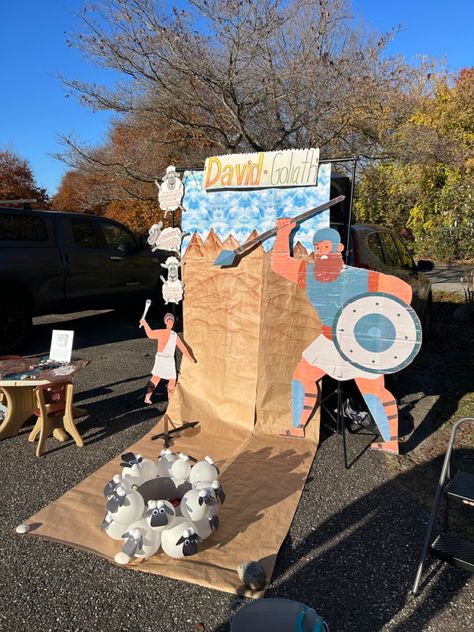 David And Goliath Trunk Or Treat Ideas, Armor Of God Trunk Or Treat Ideas, Biblical Themed Trunk Or Treat Ideas, David And Goliath Vbs Decorations, David And Goliath Trunk Or Treat, David And Goliath Decorations, Church Festival Games, Moses Red Sea, Church Trunk