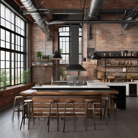 Industrial Modern Kitchen, Loft Style Kitchen, Kitchen Refurbishment, Warehouse Living, Airbnb Decor, Industrial Kitchen Design, Industrial Style Kitchen, New York Loft, Loft Decor