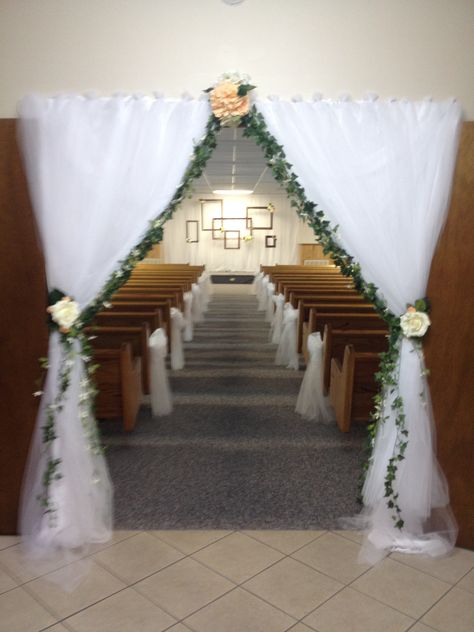 Auditorium Wedding Decorations, Auditorium Decoration Ideas, Church Entrance Wedding Decorations, Wedding Church Decor, Wedding Backdrop Decorations, Wedding Decor Style, Wedding Stage Decorations, Dusty Blue Weddings, Stage Decorations