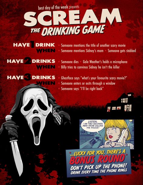 Horror Movie Alcoholic Drinks, Scream Movie Drinking Game, Scream Movie Night Ideas, Halloween Drinking Games Movie, Scream Themed Sleepover, Horror Themed Party Games, Halloween Movie Games, Scary Movie Drinking Games, Scream Drinking Game