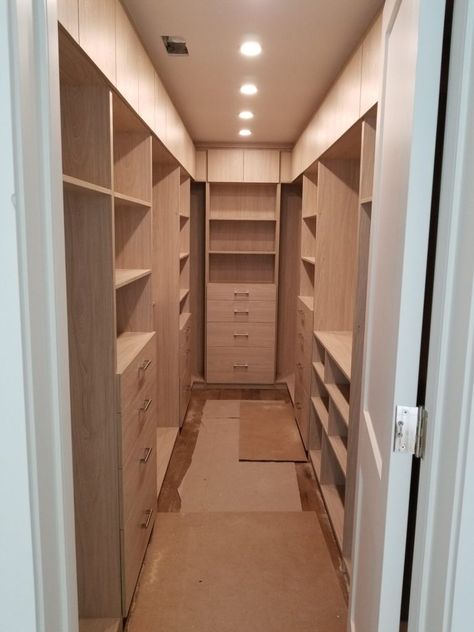 Walk-in closet - Double Dowel Closet Organizers Long Master Closet Layout, Narrow Long Walk In Closet, Narrow Walking Closet, Long Narrow Closet, Narrow Walk In Closet, Master Closet Layout, Walk In Closet Dimensions, Narrow Closet, Closet Dimensions