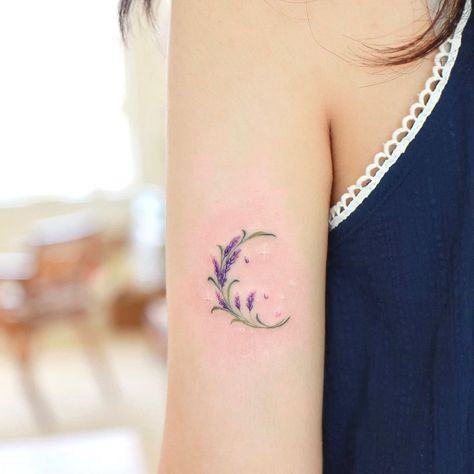 Violet Flower Moon Tattoo, Moon Tattoo With Lavender, Violet And Lavender Flower Tattoo, Moon With Lavender Tattoo, Crescent Flower Tattoo, Moon Lavender Tattoo, Moon And Lavender Tattoo, Lavender Moon Tattoo, Stick And Poke Tattoo Flower