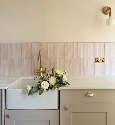 Blush Pink Kitchen Tiles, Pink Kitchen Tiles, Blush Pink Kitchen, Kitchen Post, First Kitchen, Rose Wall, Pink Kitchen, Thanks So Much, Kitchen Tiles