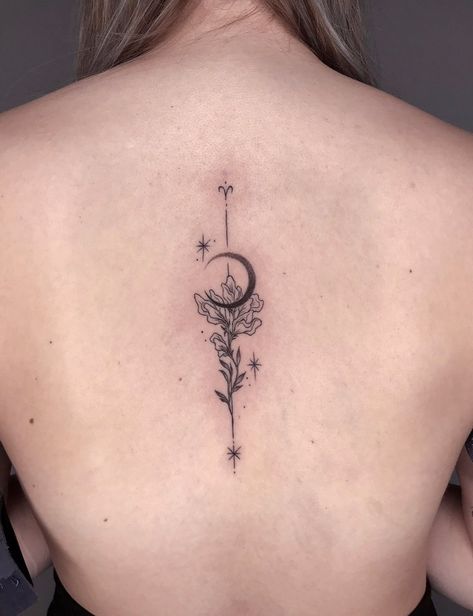 Aesthetic Aries Tattoo, Aries Tattoo For Women Minimalist, Aries Back Tattoo Women, March Aries Tattoo, Aries Tattoo Aesthetic, Aries Spine Tattoo, Aries Zodiac Tattoos For Women, Astrology Back Tattoo, Aries Back Tattoo