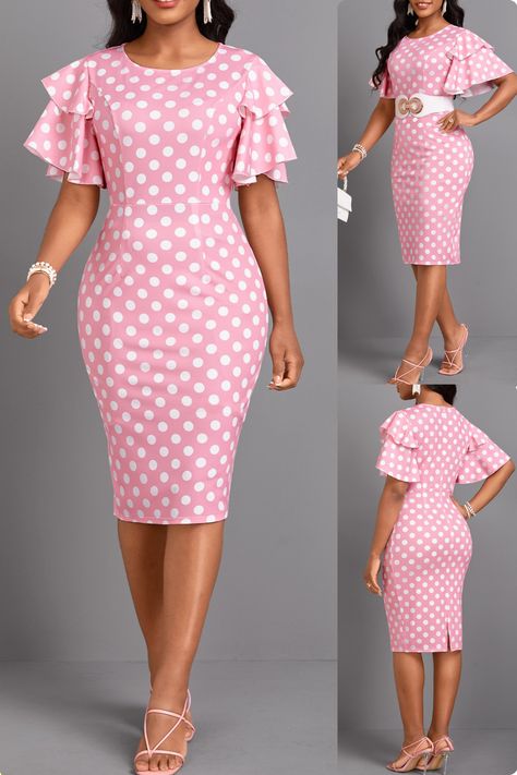 Midi Elegant Dress, Classy Bodycon Dress, Polka Dot Outfit, Pink Bodycon Dress, Pink Bodycon, Polka Dots Outfit, African Dresses For Kids, Short African Dresses, African Dresses Modern