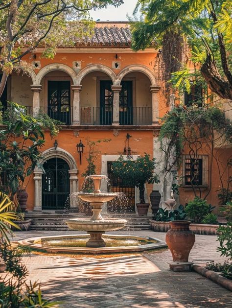 Spanish Castle Aesthetic, Homes With Courtyards In The Middle, Hacienda Courtyard, Hacienda Style Homes Mexican, Mexican Courtyard, Spanish Home Decor, House Mediterranean, Hacienda Style Homes, Spanish Style Home