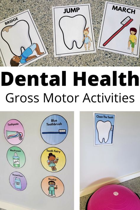 Dental Health Gross Motor Activities - Pink Oatmeal Preschool Dental Crafts, Physical Health Activities For Preschool, Dental Health Fine Motor Activities, Hygiene Preschool Activities, Dental Health Gross Motor Activities, Gross Motor Activities For Kids, Dental Health Preschool Activities, Dental Activities, Community Neighborhood