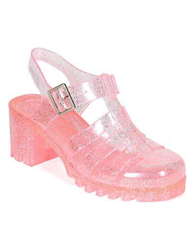 pink clear glitter jelly shoes Plastic Shoes, Shoes Pink, Chunky Heels Sandals, Jelly Shoes, Jelly Sandals, Prom Shoes, Heel Sandal, Pretty Shoes, Slingback Sandal