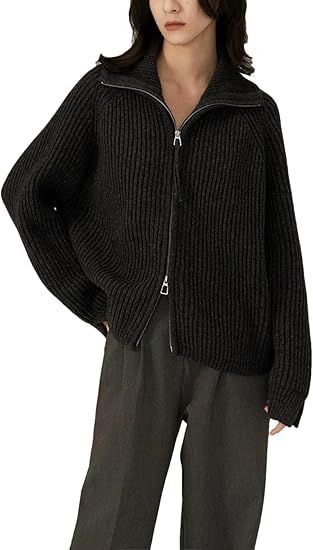 Double Zipper Cashmere Sweater Coat Women's Large Lapel Black Knit Sweater Cardigan at Amazon Women’s Clothing store Knit Coat, Black Knit Sweater, England Fashion, Collar Cardigan, Knitted Coat, Sweater Coat, Collar Pattern, Style Office, Women Sleeve