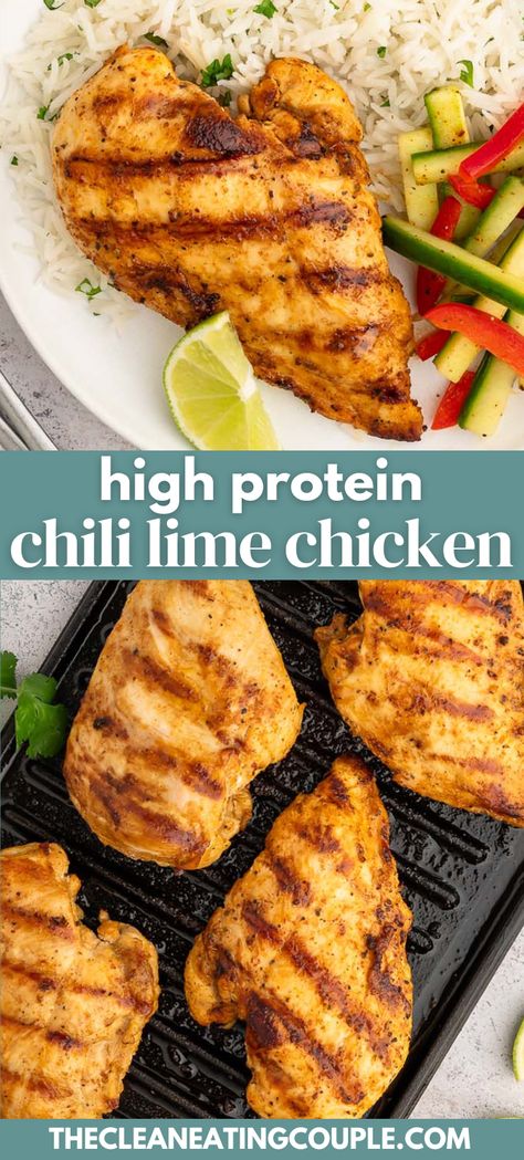 An easy High Protein Chili Lime Chicken recipe that can be made in under an hour! This chili lime marinade is perfect for grilling, baking or pan searing! Honey Lime Chicken Thighs, High Protein Chili, Protein Chili, Sheet Pan Chicken Dinners, Chili Lime Marinade, Healthy Grilled Chicken Recipes, Couple Recipes, The Clean Eating Couple, Clean Eating Couple