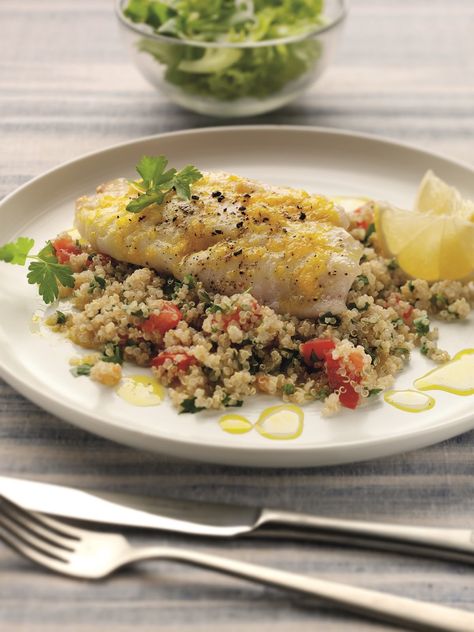 Baked Lemon Cod With Quinoa Tabbouleh Lemon Cod, Tabbouleh Recipe, Quinoa Tabbouleh, Dinner Today, Healthy Balanced Diet, Cod Recipes, Starchy Foods, Healthy Fish, Rapeseed Oil