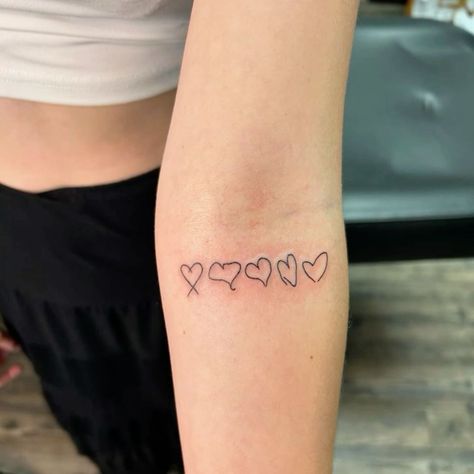 Heart Tattoo Family, Name Tattoo With Heart, Heart Tattoo Arm, Inside Of Arm Tattoo, Heart Tattoo Wrist, Single Needle Tattoo, Inner Forearm, Family Tattoo, Family Tattoos