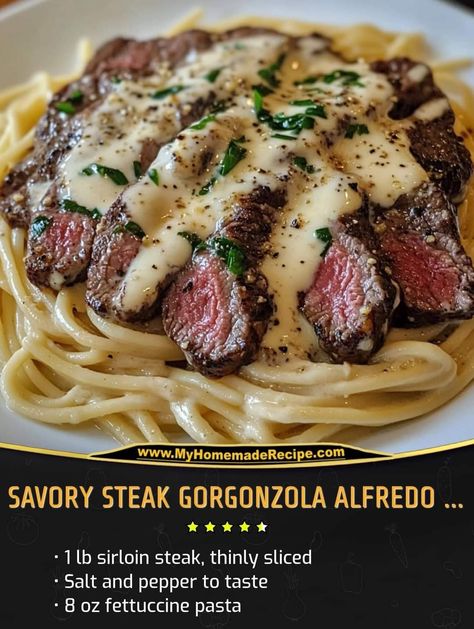 Savory Steak Gorgonzola Alfredo, Steak Alfredo Pasta, Steak Gorgonzola Alfredo, Gorgonzola Alfredo, Steak Gorgonzola, Gourmet Dishes, Steak Dishes, Creamy Parmesan Sauce, Recipes Savory