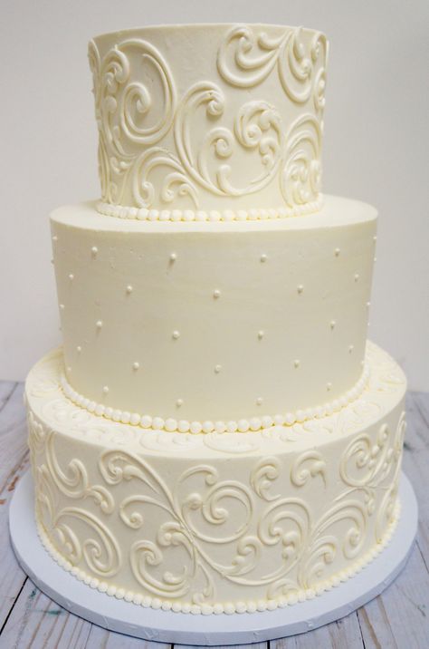 Traditional Wedding Cake Piping, Wedding Cake With Scroll Work, White Ruffle Wedding Cake, Sparkle Wedding Cakes, Lace Textured Wedding Cake, Wedding Cake Scrollwork, Wedding Cake Designs Elegant, Classy Wedding Cakes, Vintage Wedding Cake Designs Lace Detail