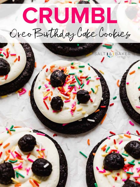 Oreo Crumble Cookies, Crumble Cookie Recipe Oreo, Copycat Dirt Cake Crumbl Cookie, Birthday Cake Oreo Cookies, Crumbl Oreo Copycat, Crumbl Oreo Birthday Cake Cookie, Oreo Birthday Cake Crumbl Cookie, Oreo Cookie Birthday Cake, Brownie Batter Crumbl Cookie Recipe