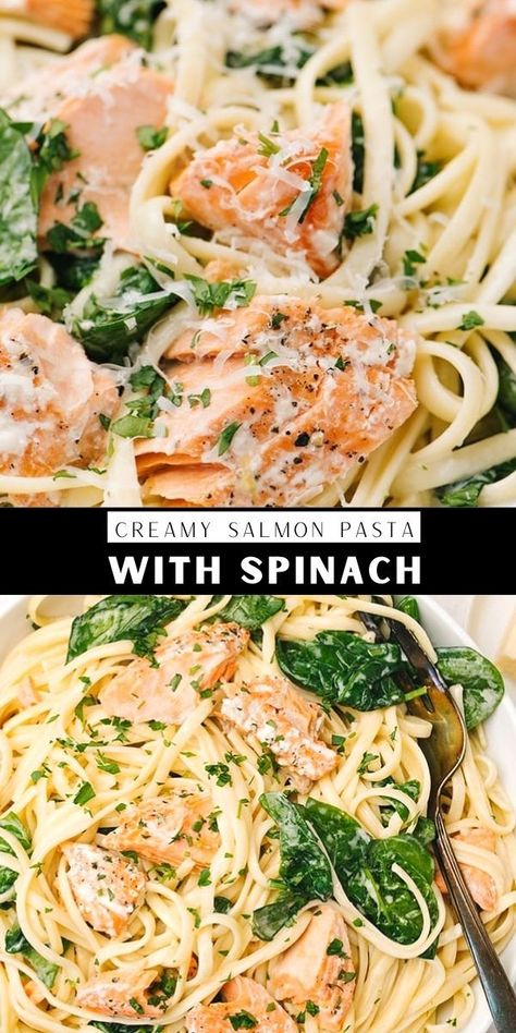 Salmon Spinach Pasta Recipes, Salmon Linguine Recipes, Salmon Scampi, Salmon Chunks, Salmon Linguine, Pasta Salmon, Garlic White Wine Sauce, Creamy Salmon Pasta, Salmon Pasta Recipes