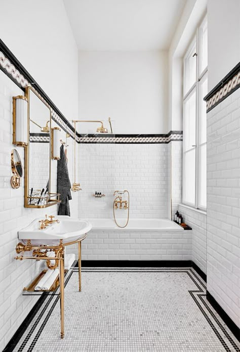 Black And White Tile, Black And White Bathroom, White Bathroom Tiles, Victorian Bathroom, Deco Bathroom, Brass Bathroom, Upstairs Bathrooms, Tile Flooring, Bathroom Renos