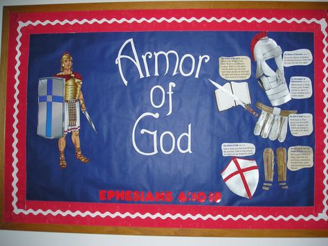 Armor of God bulletin board Armor Of God Bulletin Board, Bible Bulletin Board Ideas, Religious Bulletin Board Ideas, Camp Bulletin Board, Armor Of God Crafts, Christian Bulletin Board Ideas, Vbs Armor Of God, Christian School Bulletin Boards, September Bulletin Boards