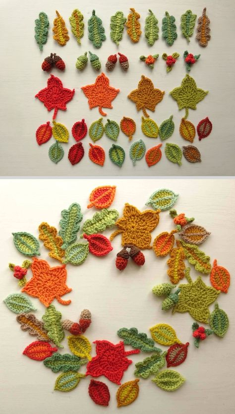 Acorn Applique Pattern, Fall Crochet Garland Pattern, Crocheted Leaves Free Pattern, Crochet Autumn Leaves Free Pattern, Crochet Halloween Garland Free Pattern, Cute Crochet Appliques, Crochet Fall Garland, Attic 24 Crochet, Berries Garland