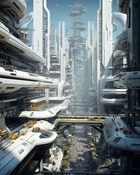 Sci Fi City Futuristic Architecture, High Tech City, Scifi Artwork, Sci Fi Architecture, Sci Fi Landscape, Future Cities, Science Fiction Artwork, Future Buildings, Sci Fi City