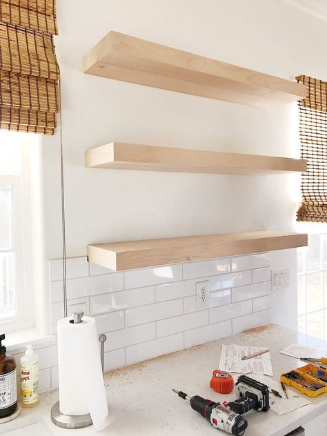 Adding Shelves To Kitchen, Subway Tile Floating Shelves, Updating White Kitchen, Kitchens With Shelves And Cabinets, Diy Thick Floating Shelves, White Subway Tile Kitchen Backsplash With Floating Shelves, Open Shelving In Small Kitchen, No Tile Backsplash Kitchen, Backsplash With Floating Shelves