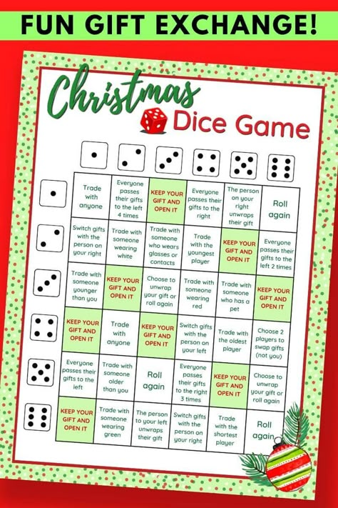 Christmas Dice Game, Holiday Gift Exchange Games, Gift Exchange Dice, Christmas Eve Games, Fun Family Christmas Games, Christmas Gift Exchange Games, Christmas Gift Games, Xmas Games, Holiday Gift Exchange