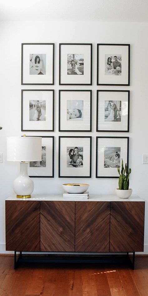 Remember, when it comes to displaying family pictures on a wall, black and white is always right!  🔲 ---------------- #gallery #walls #diy #tips #frames #framing #frame #art #artwork Black And White Wall Gallery, Sculptural Mirror, Picture Frame Store, Displaying Family Pictures, Remodel Garage, Western Family, Stylish Entryway, Garden Boho, Framed Photography